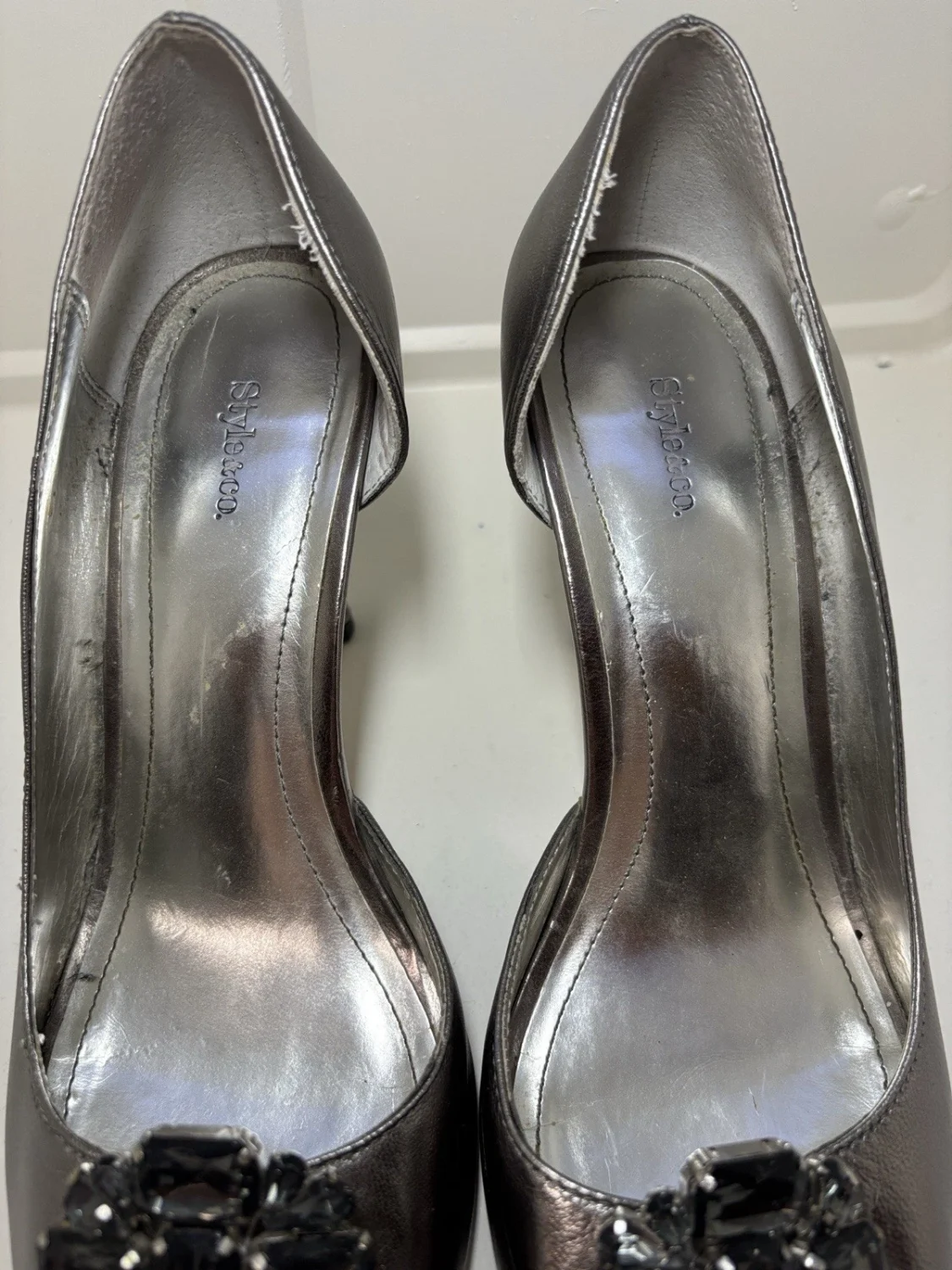 Style & Co. Metallic Silver Gem-Plaque Peep-Toe Heels