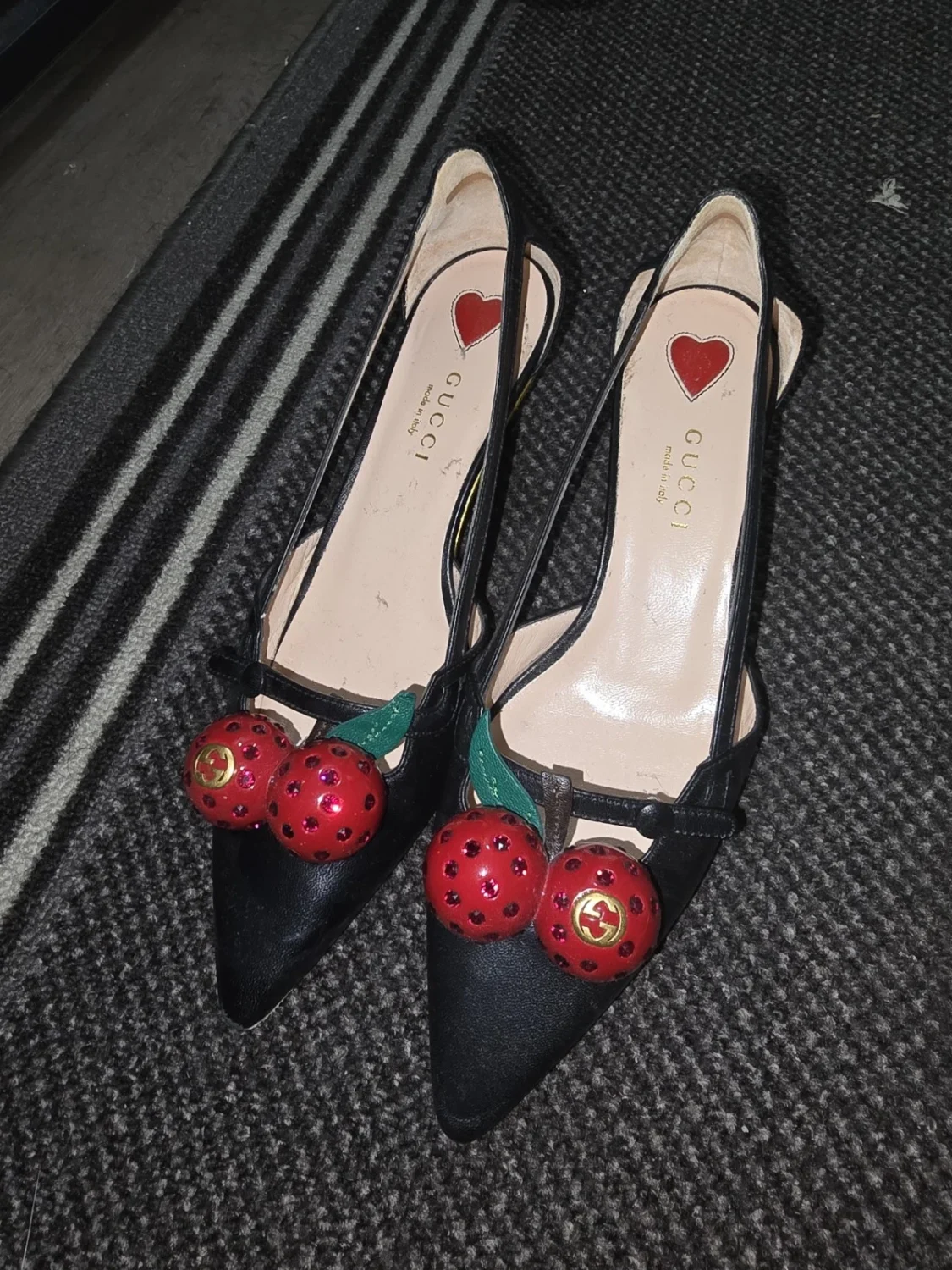 Gucci Unia Black Leather Cherry Pumps (US 4.5 / EU 34.5)