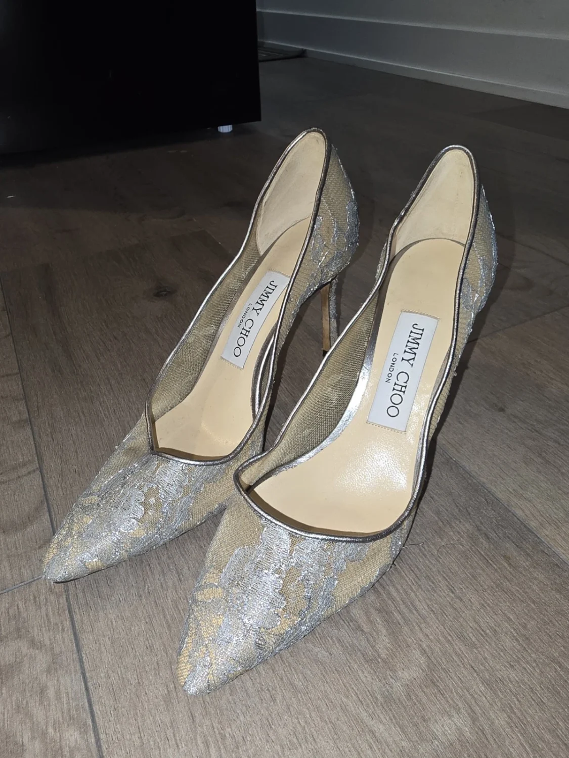 Jimmy Choo Metallic Silver Lace Bridal Heels (US 5.5 / EU 35.5)