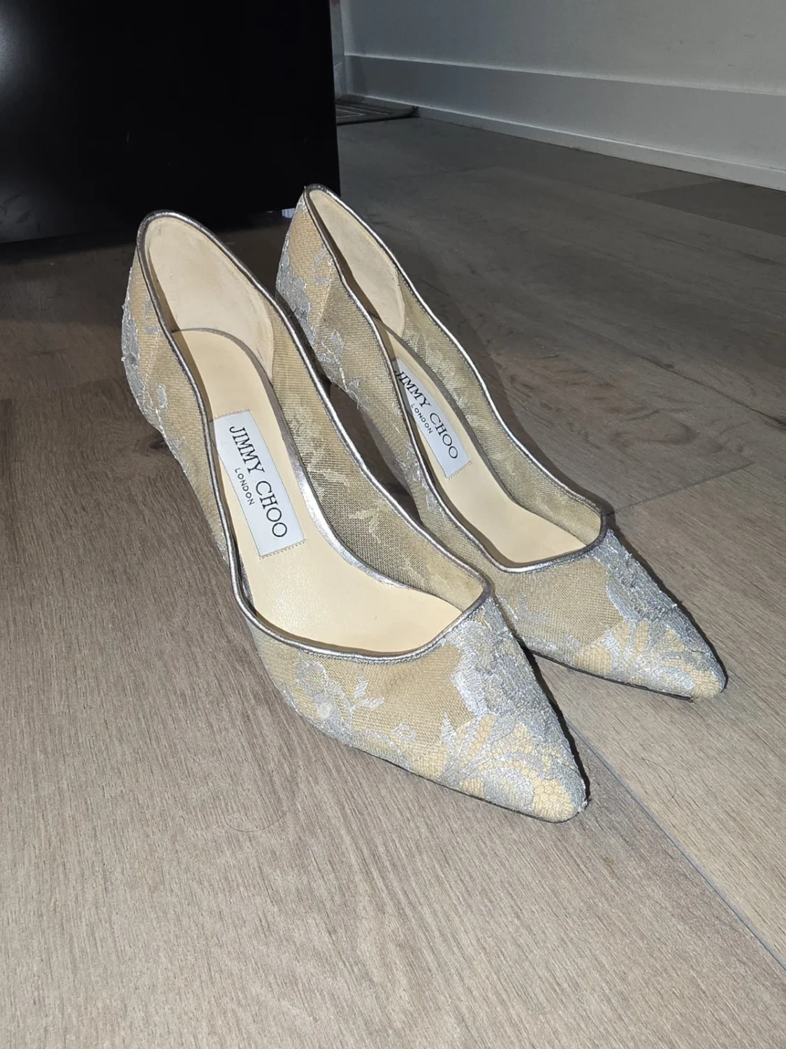 Jimmy Choo Metallic Silver Lace Bridal Heels (US 5.5 / EU 35.5)