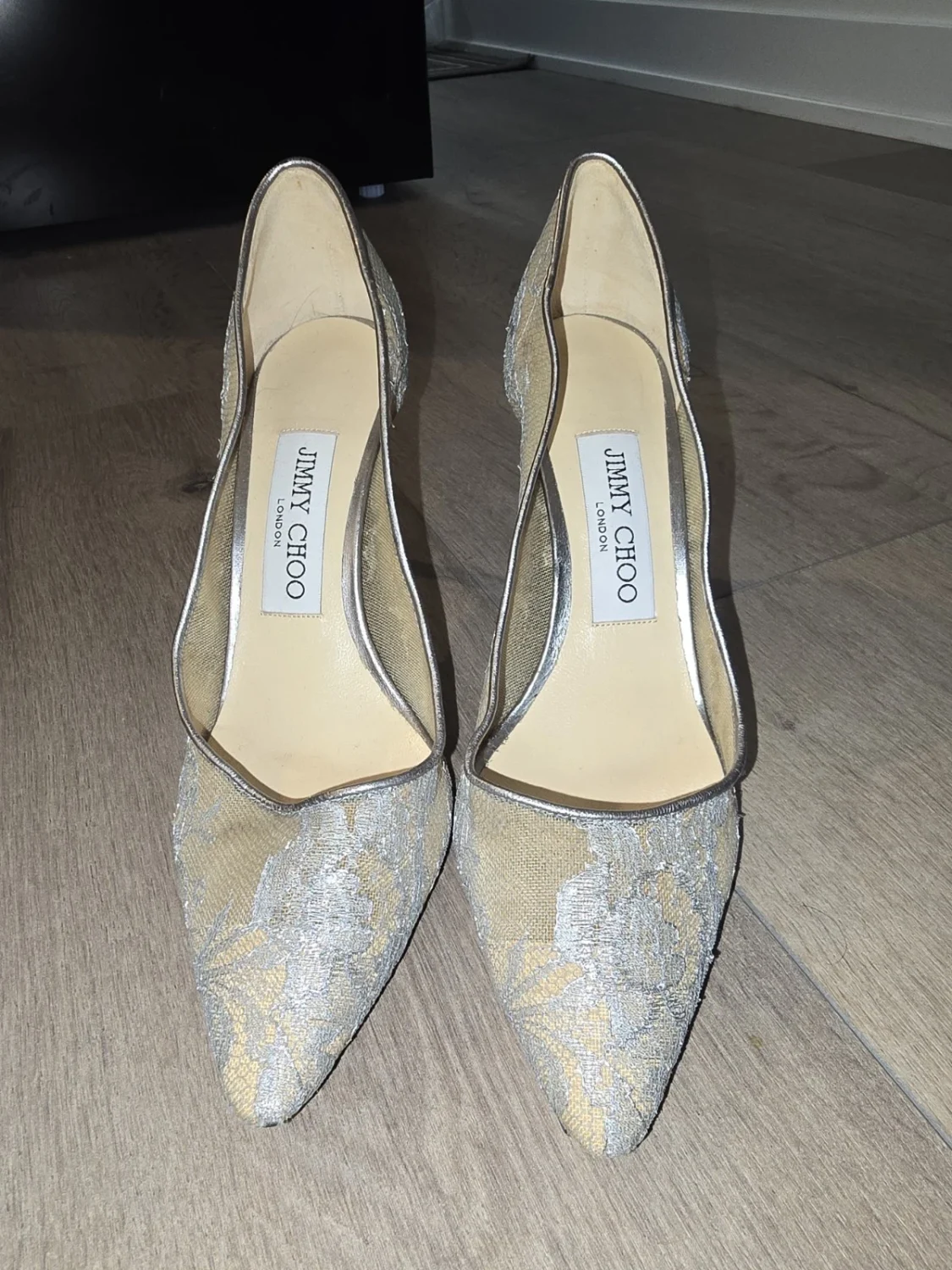 Jimmy Choo Metallic Silver Lace Bridal Heels (US 5.5 / EU 35.5)