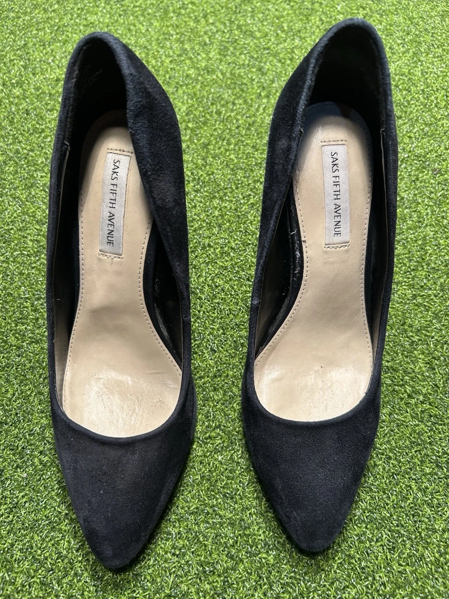 Saks Fifth Avenue 女式黑色麂皮绒粗跟高跟鞋 7 码-