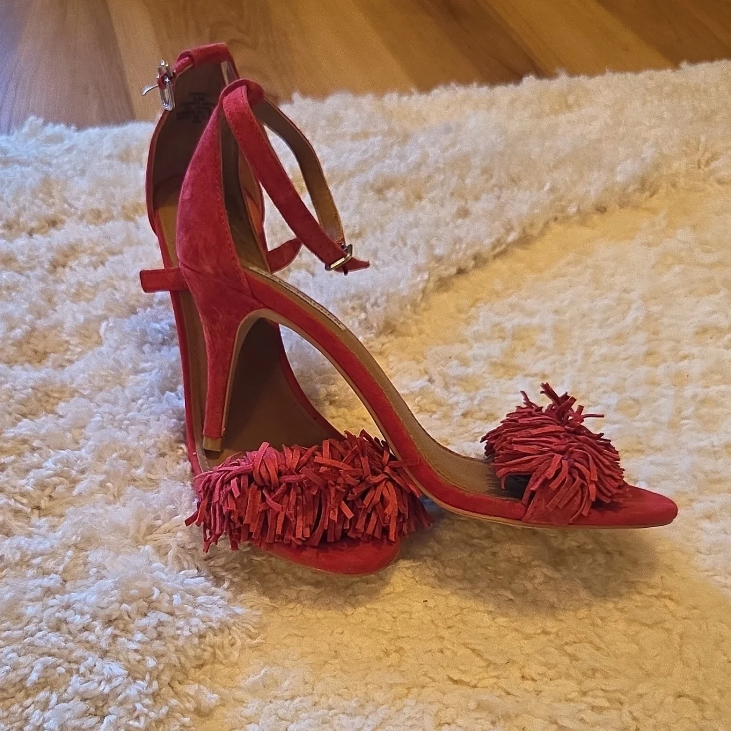 Steve Madden 女式红色皮革条纹踝带扣绑带高跟鞋 8.5-