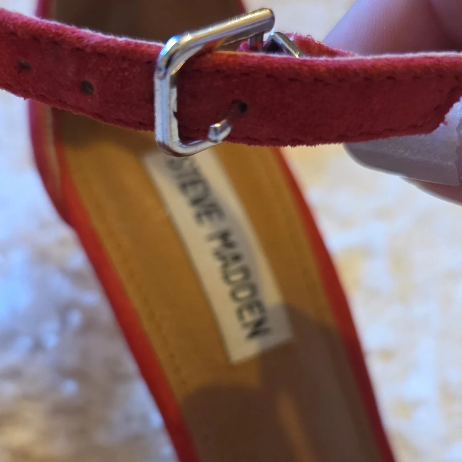 Steve Madden 女式红色皮革条纹踝带扣绑带高跟鞋 8.5-