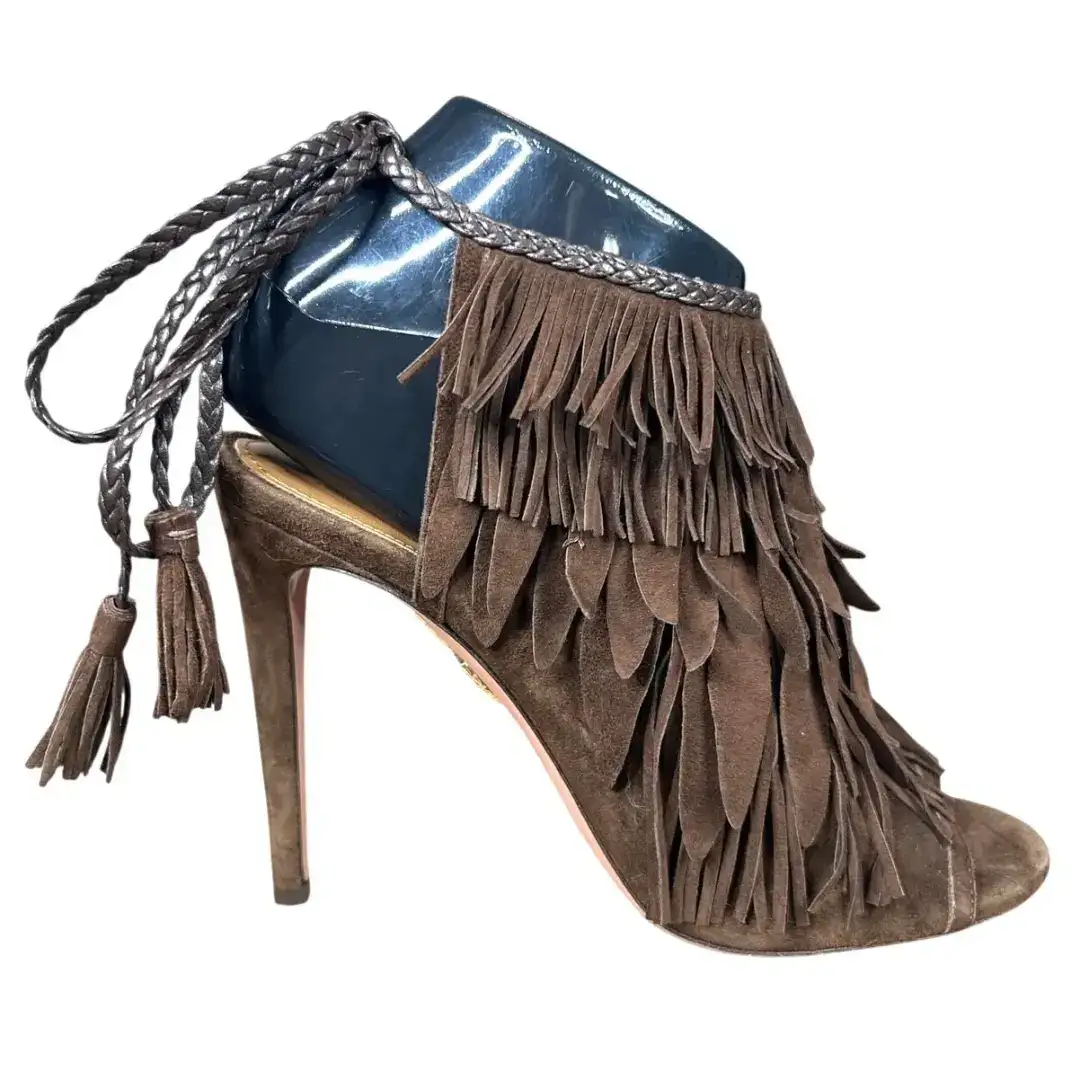 Aquazzura Pocahontas 棕色麂皮绒流苏踝带凉鞋 37 码 US 6-