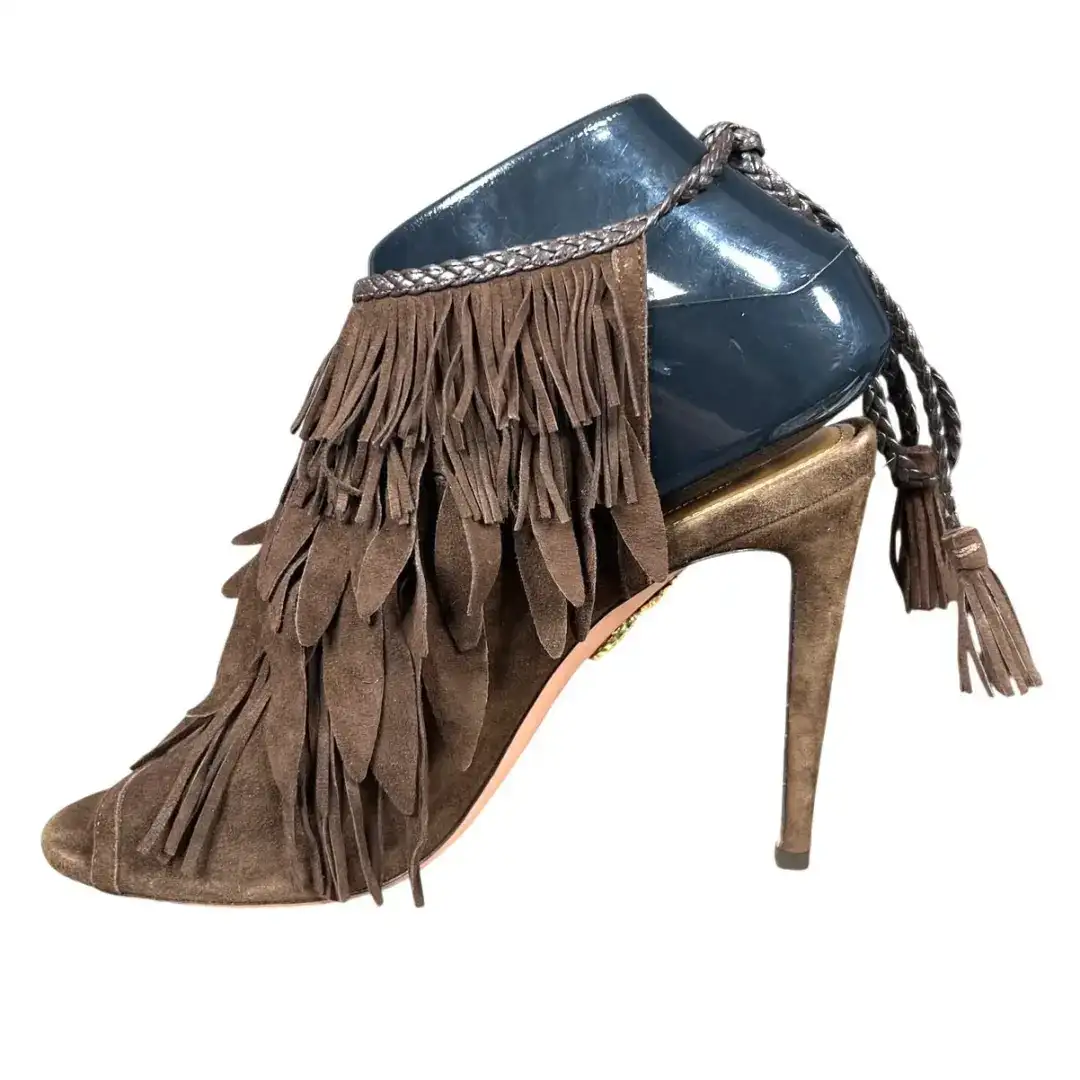 Aquazzura Pocahontas 棕色麂皮绒流苏踝带凉鞋 37 码 US 6-