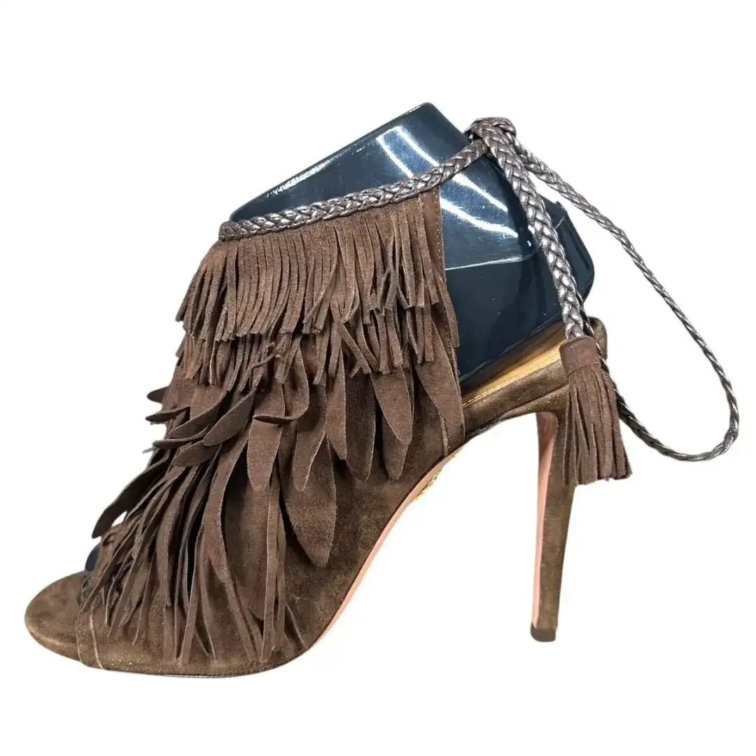 Aquazzura Pocahontas 棕色麂皮绒流苏踝带凉鞋 37 码 US 6-