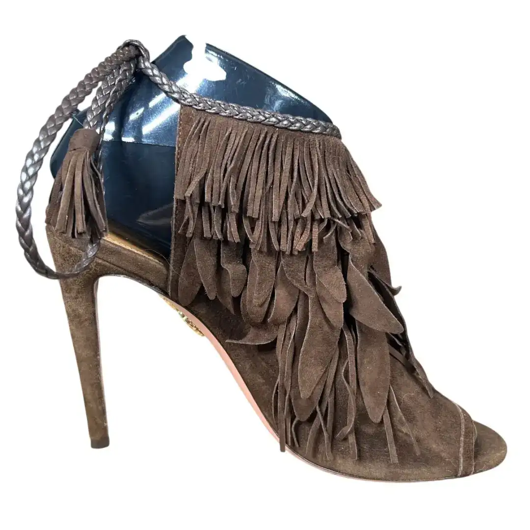 Aquazzura Pocahontas 棕色麂皮绒流苏踝带凉鞋 37 码 US 6-
