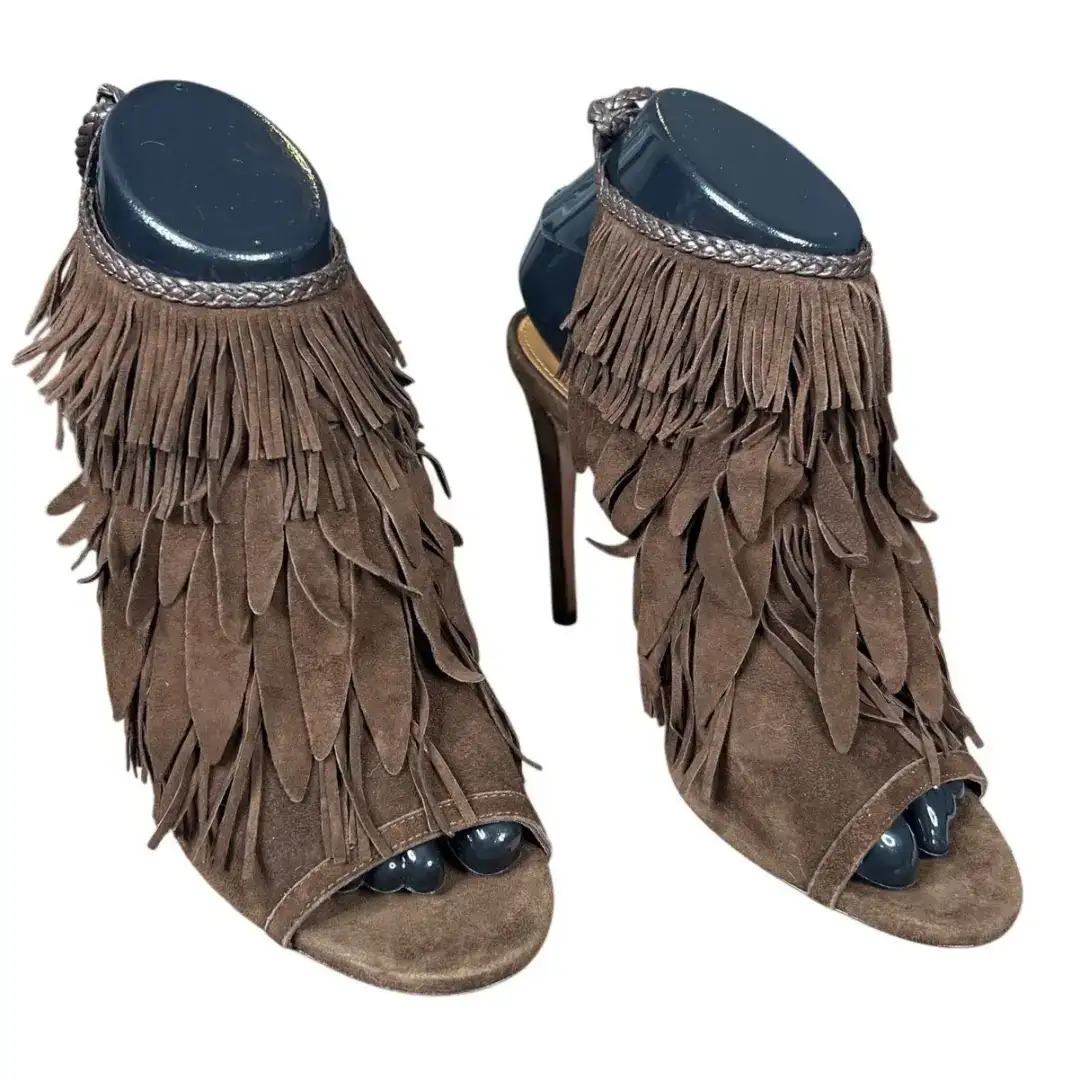 Aquazzura Pocahontas 棕色麂皮绒流苏踝带凉鞋 37 码 US 6-