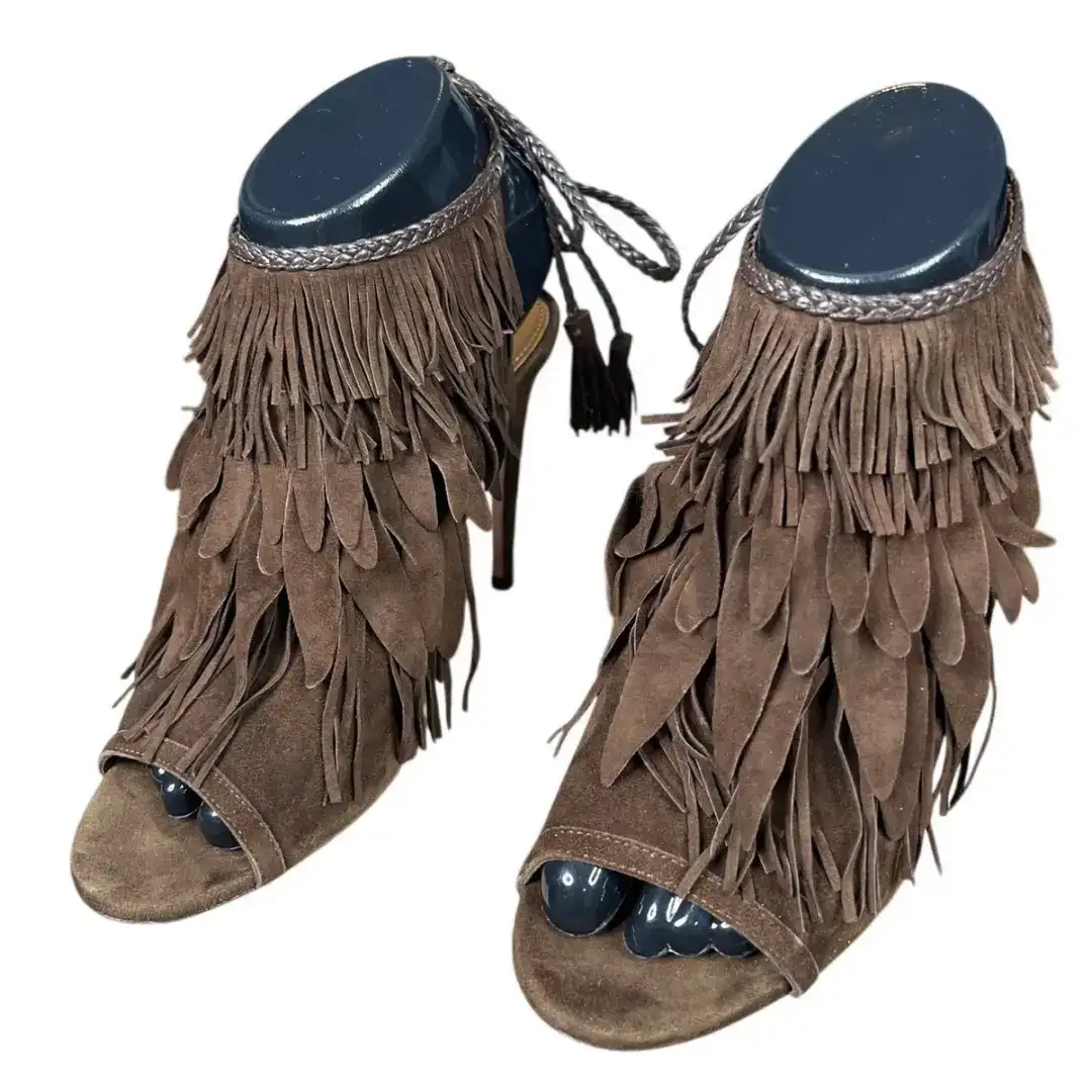 Aquazzura Pocahontas 棕色麂皮绒流苏踝带凉鞋 37 码 US 6-