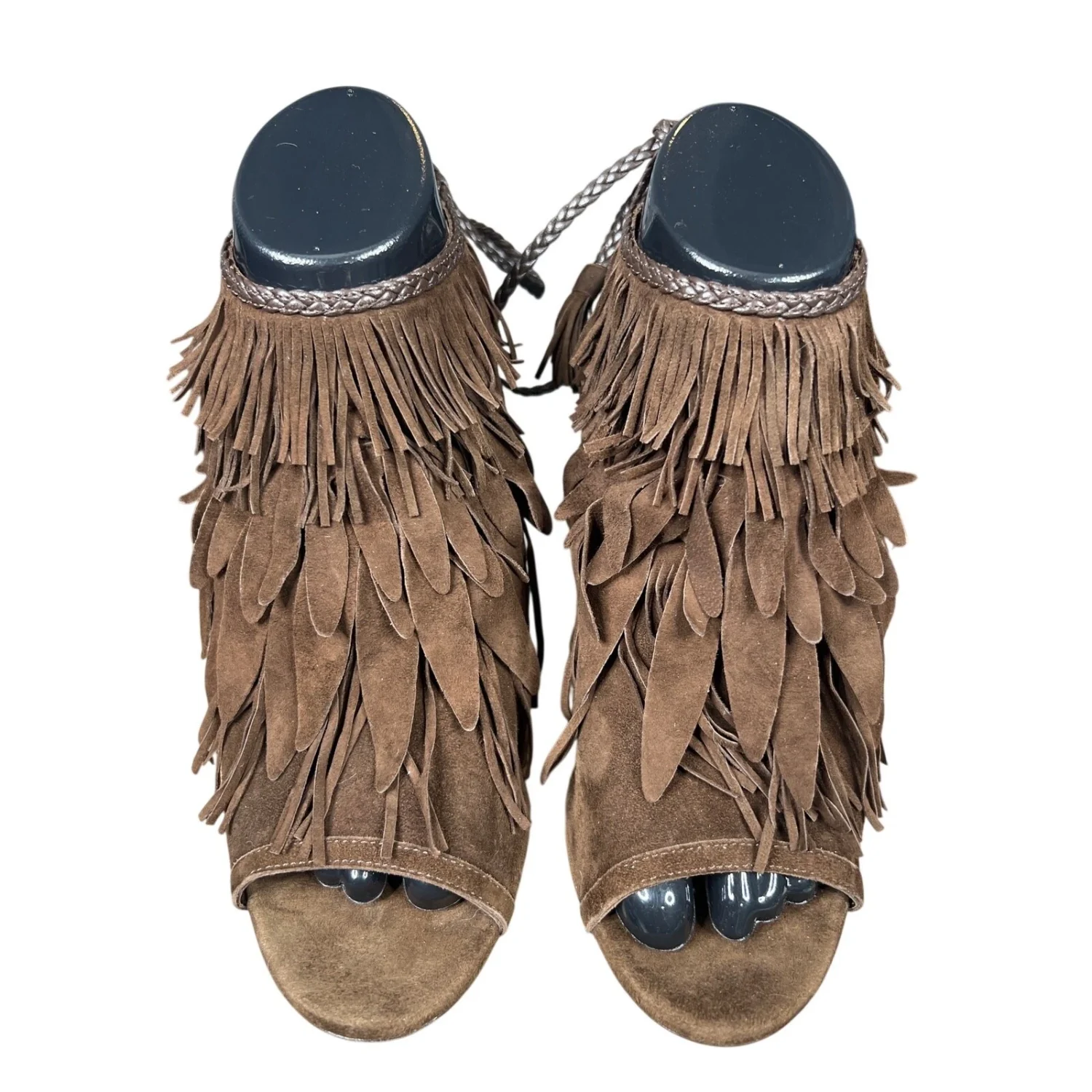 Aquazzura Pocahontas 棕色麂皮绒流苏踝带凉鞋 37 码 US 6-