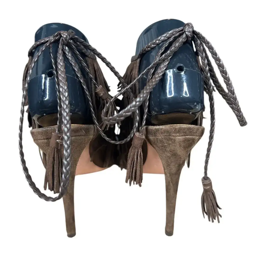 Aquazzura Pocahontas 棕色麂皮绒流苏踝带凉鞋 37 码 US 6-