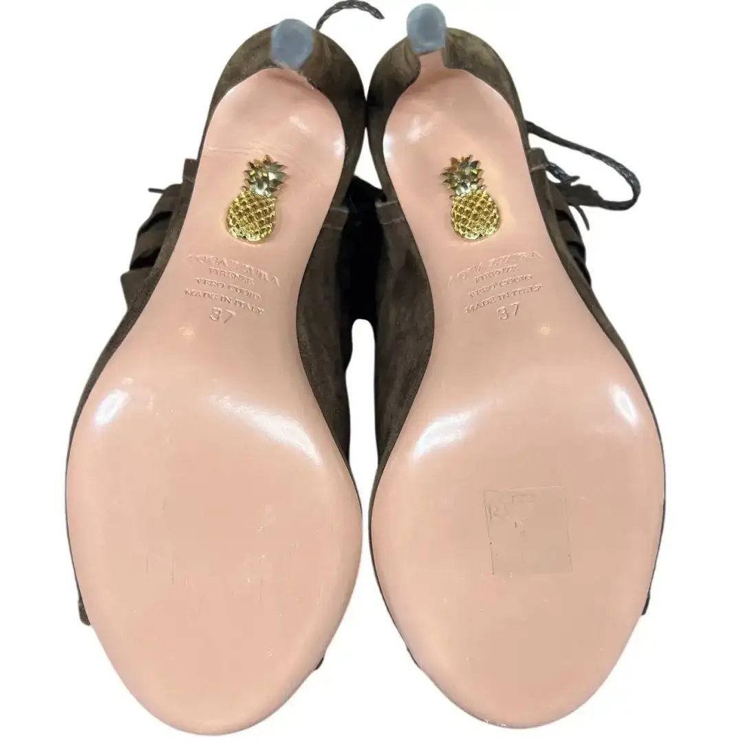 Aquazzura Pocahontas 棕色麂皮绒流苏踝带凉鞋 37 码 US 6-