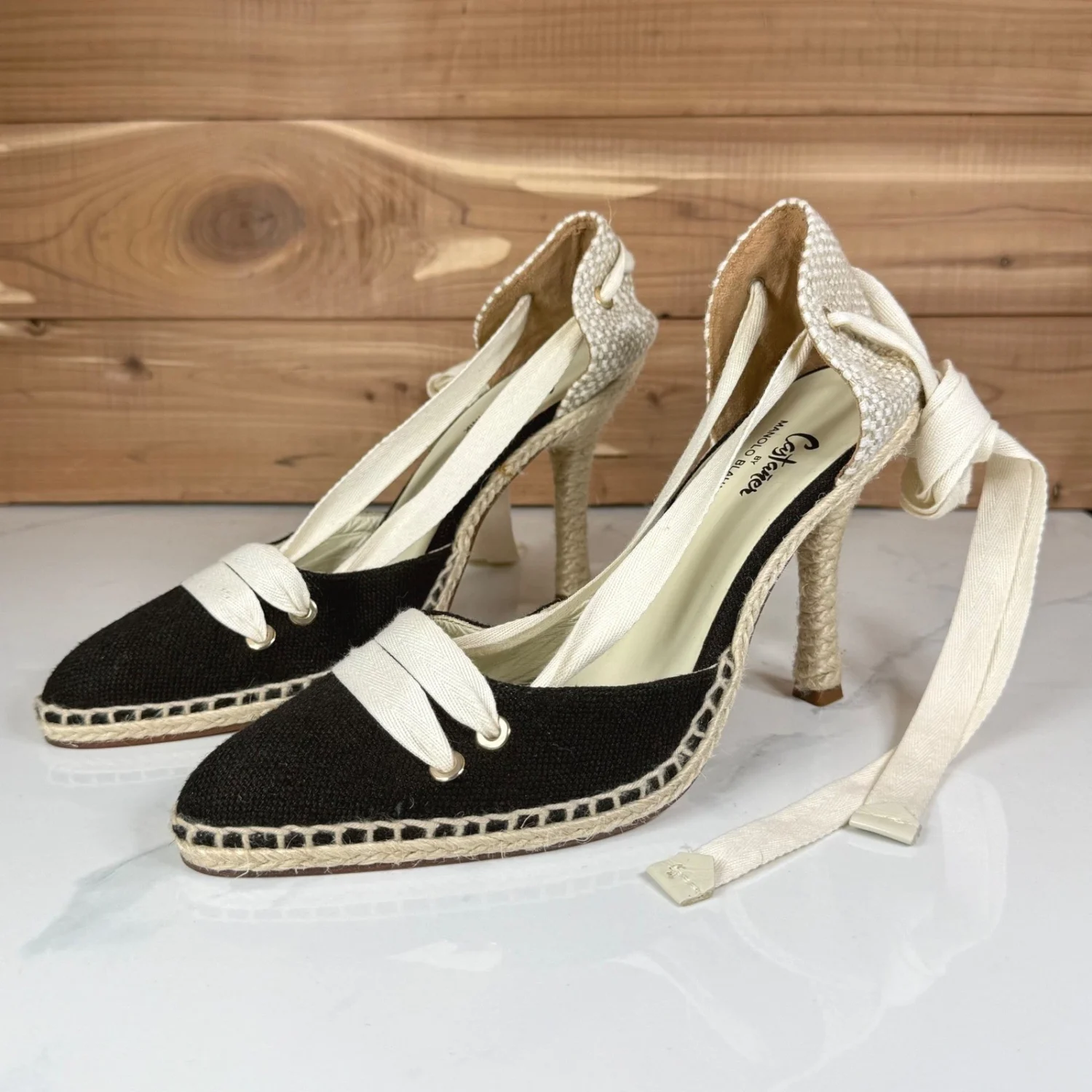 Castaner by Manolo Blahnik Espadrille 泵黑色奶油踝带高跟鞋 38 美国 8-