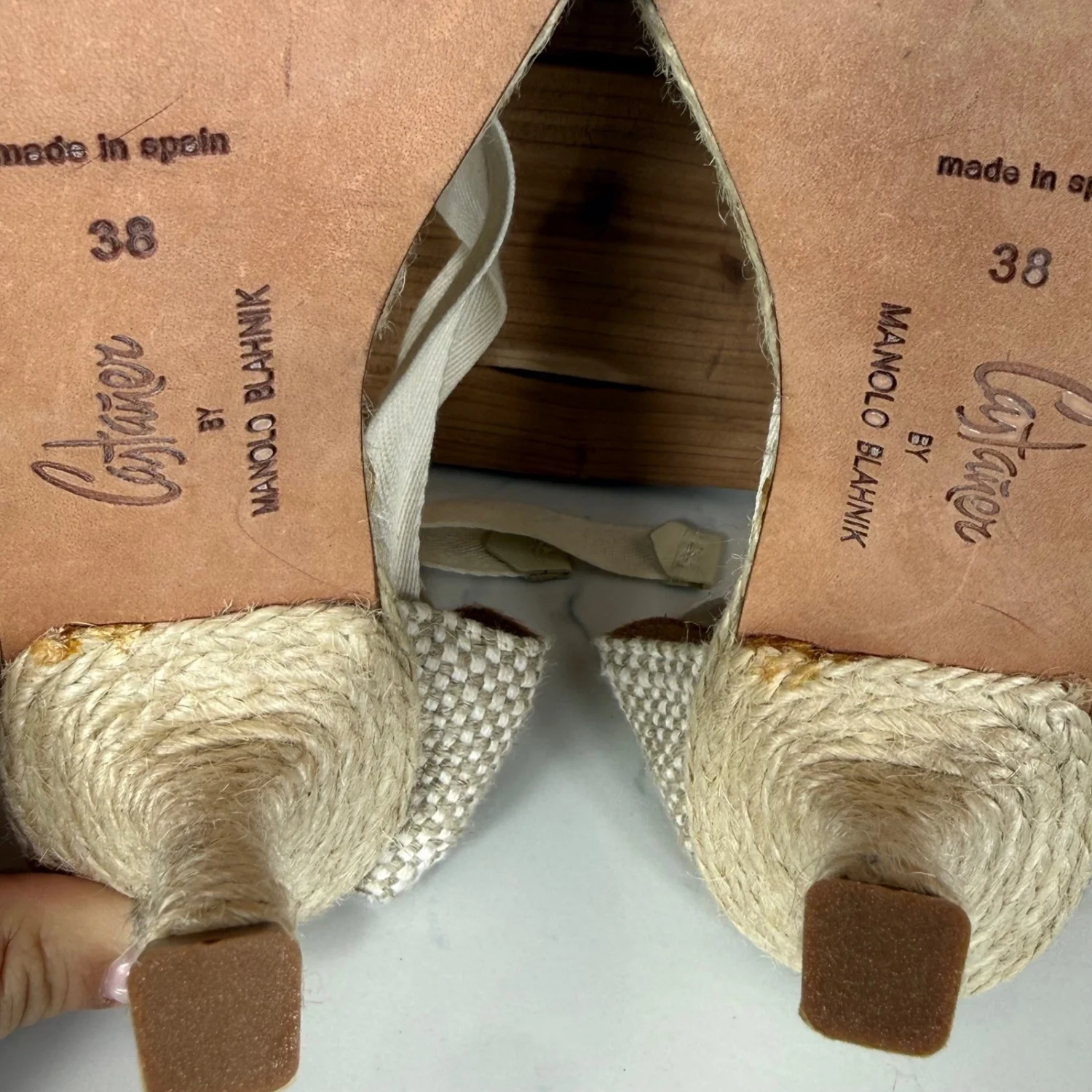 Castaner by Manolo Blahnik Espadrille 泵黑色奶油踝带高跟鞋 38 美国 8-