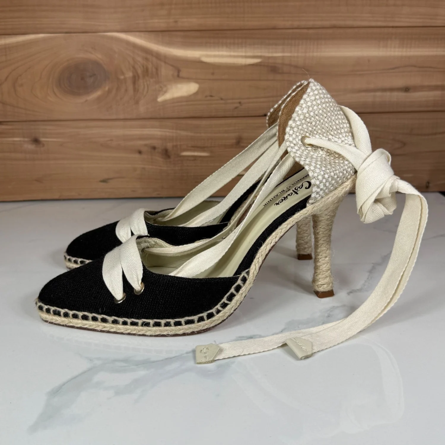 Castaner by Manolo Blahnik Espadrille 泵黑色奶油踝带高跟鞋 38 美国 8-