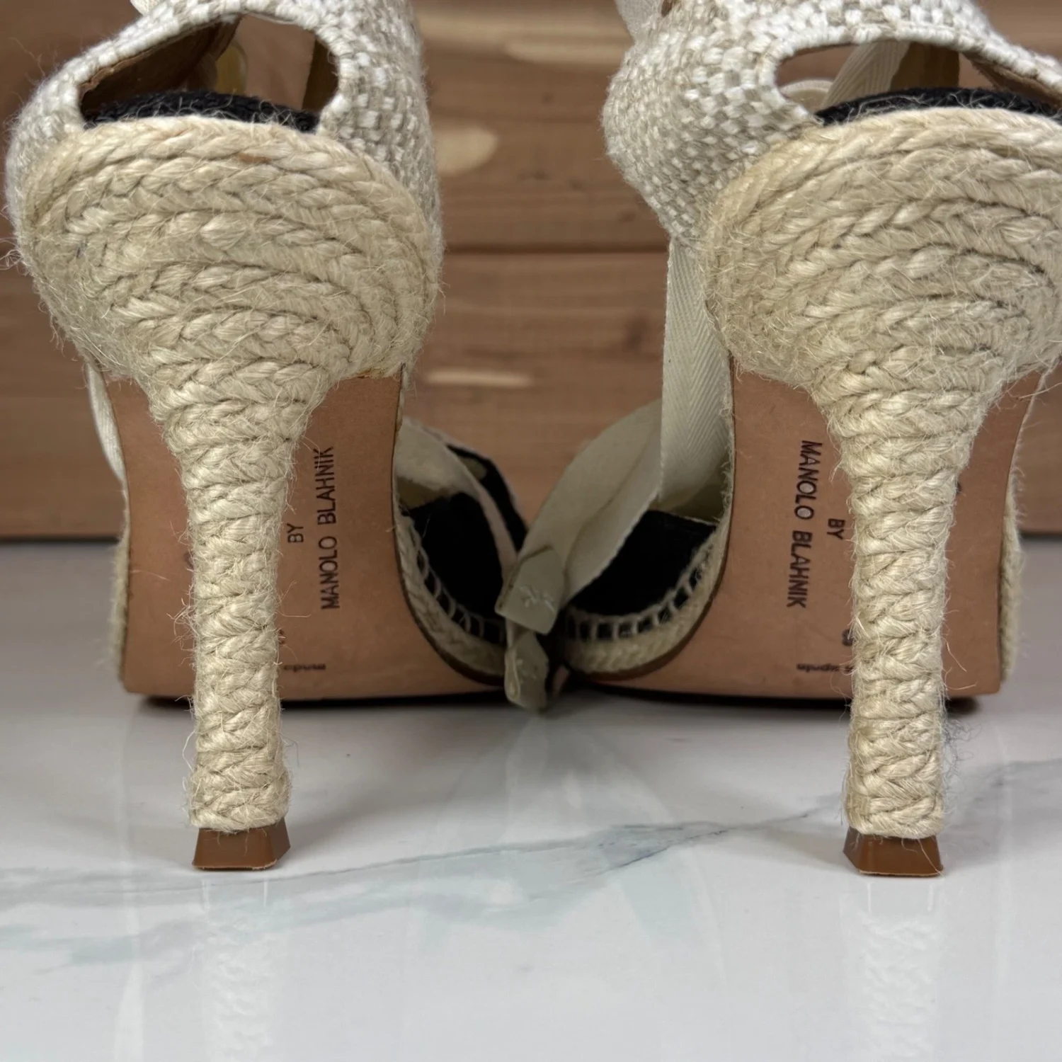 Castaner by Manolo Blahnik Espadrille 泵黑色奶油踝带高跟鞋 38 美国 8-