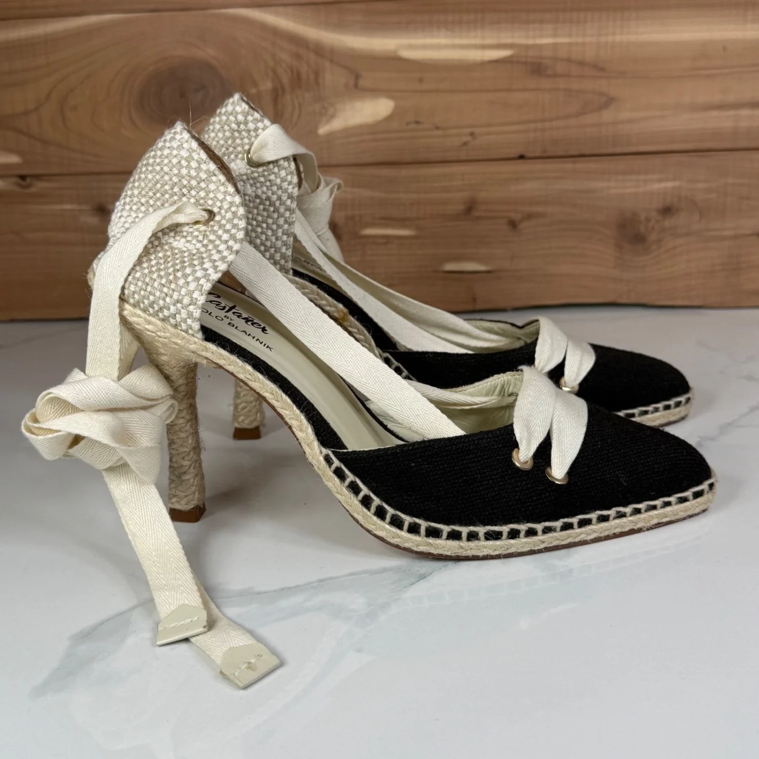 Castaner by Manolo Blahnik Espadrille 泵黑色奶油踝带高跟鞋 38 美国 8-