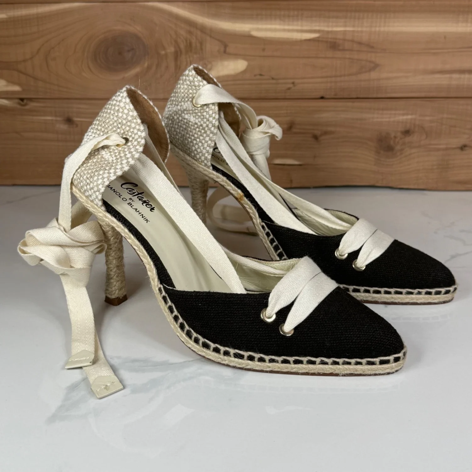 Castaner by Manolo Blahnik Espadrille 泵黑色奶油踝带高跟鞋 38 美国 8-