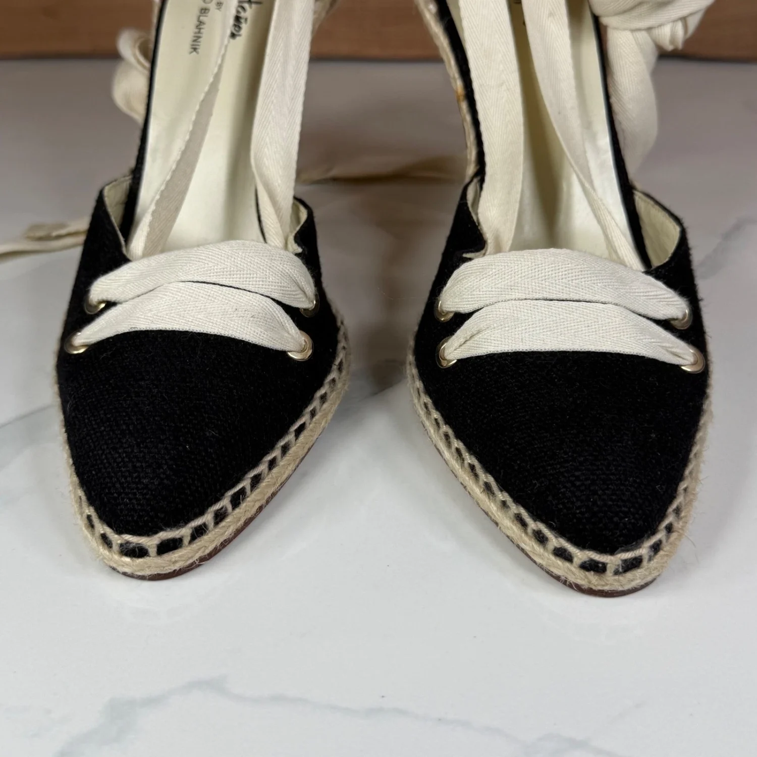 Castaner by Manolo Blahnik Espadrille 泵黑色奶油踝带高跟鞋 38 美国 8-
