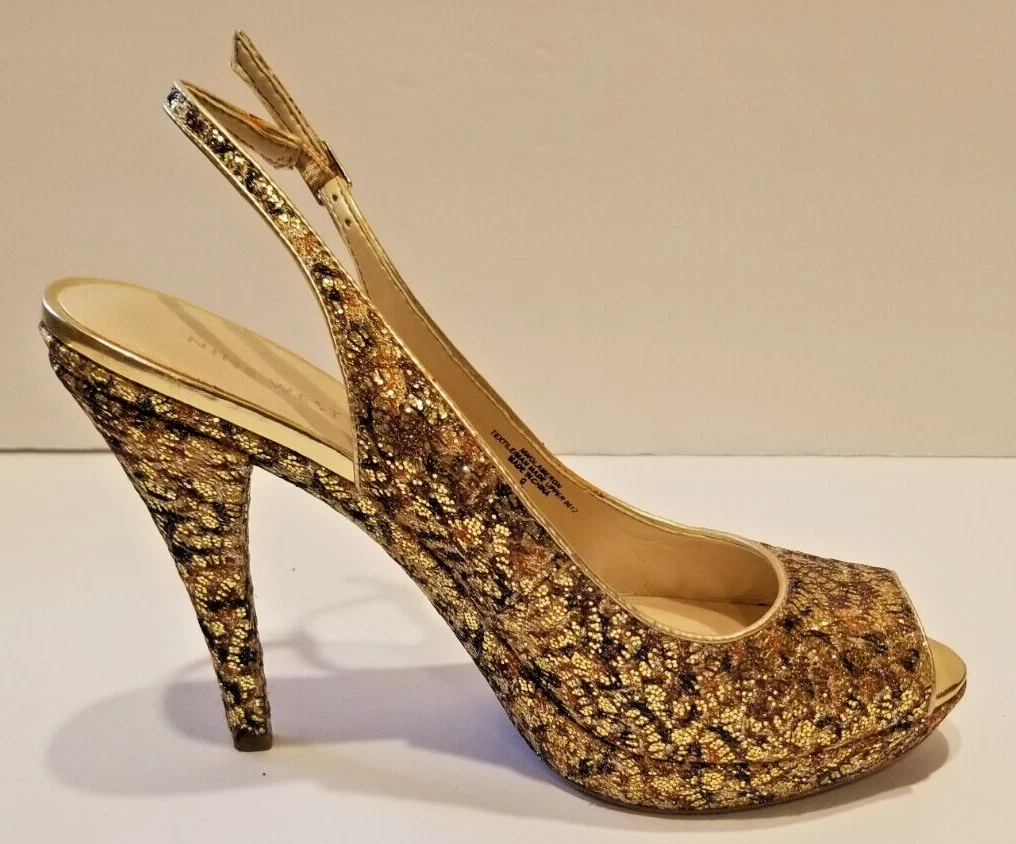 Nine West 女式高跟鞋 Glameron 金色闪亮金属露背厚底 9 码-