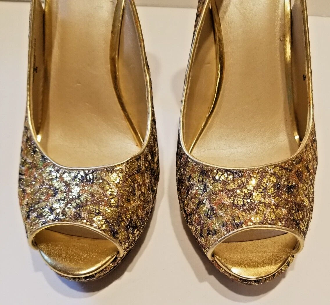Nine West 女式高跟鞋 Glameron 金色闪亮金属露背厚底 9 码-
