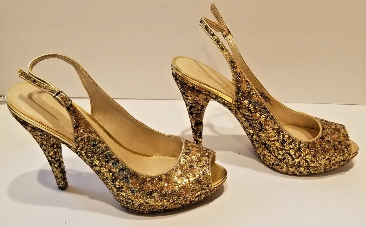 Nine West 女式高跟鞋 Glameron 金色闪亮金属露背厚底 9 码-