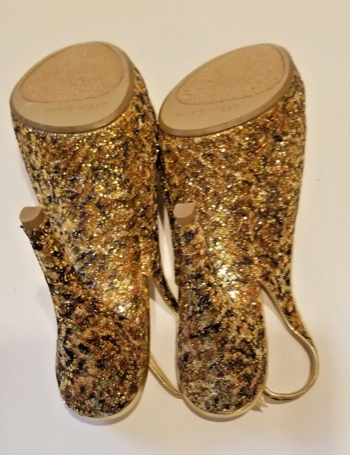 Nine West 女式高跟鞋 Glameron 金色闪亮金属露背厚底 9 码-