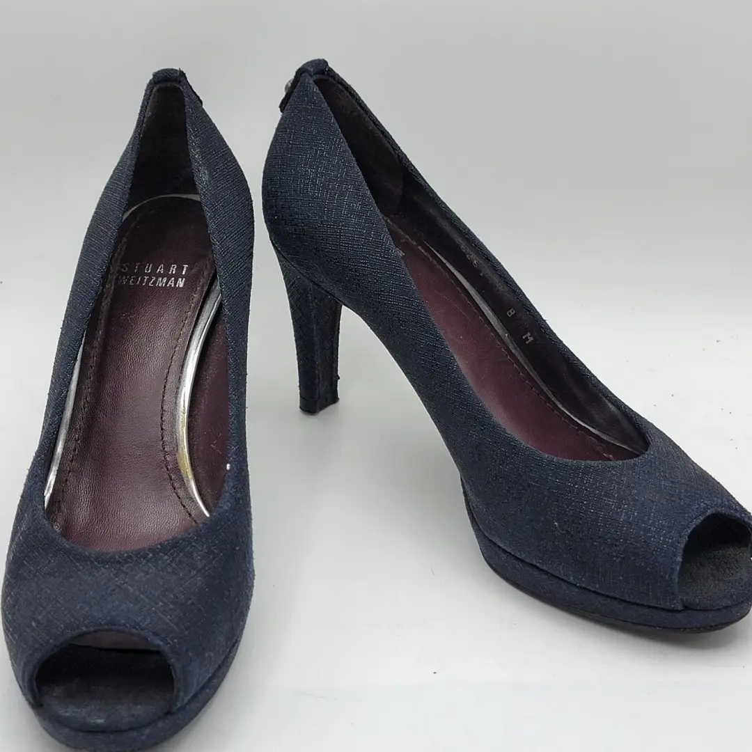 Stuart Weitzman 海军蓝纹理露趾厚底高跟鞋 8 M 码-