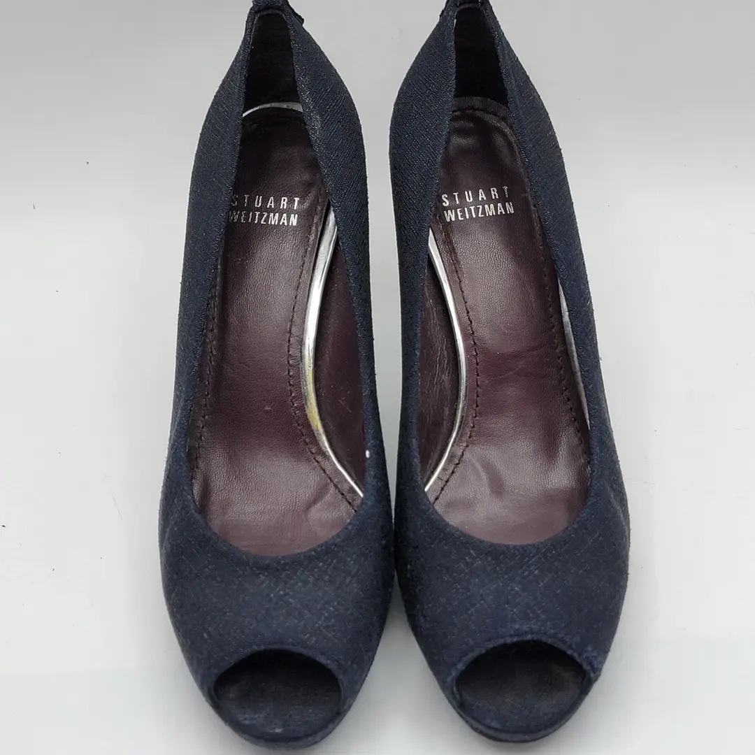 Stuart Weitzman 海军蓝纹理露趾厚底高跟鞋 8 M 码-