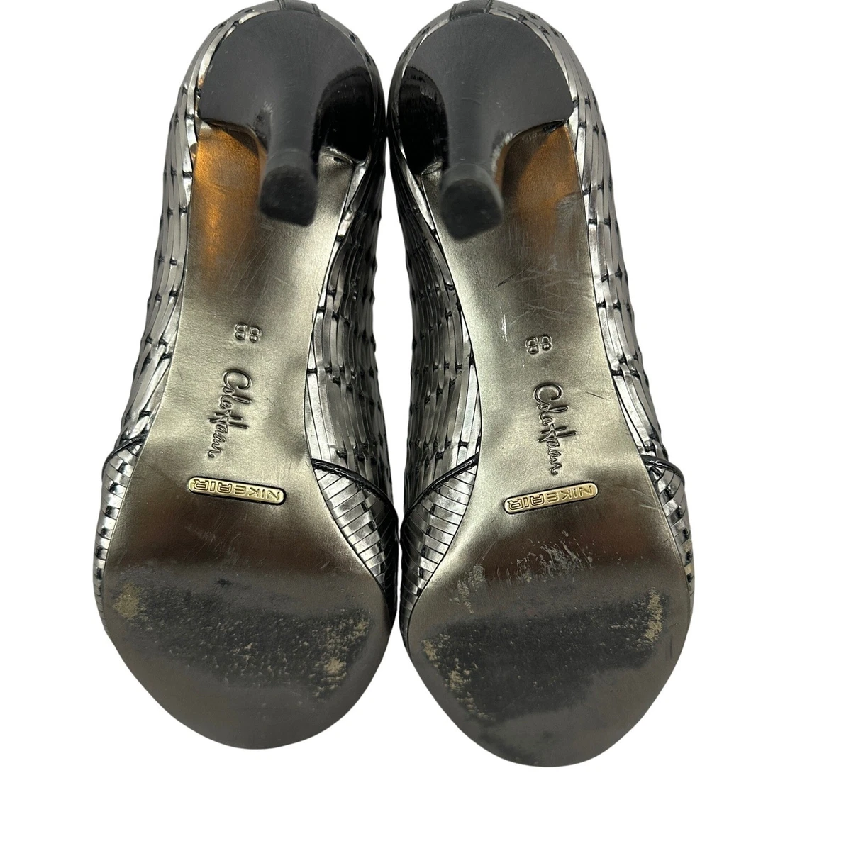 Cole Haan Air 银色金属编织露趾高跟鞋女式 8B 性感闪亮-