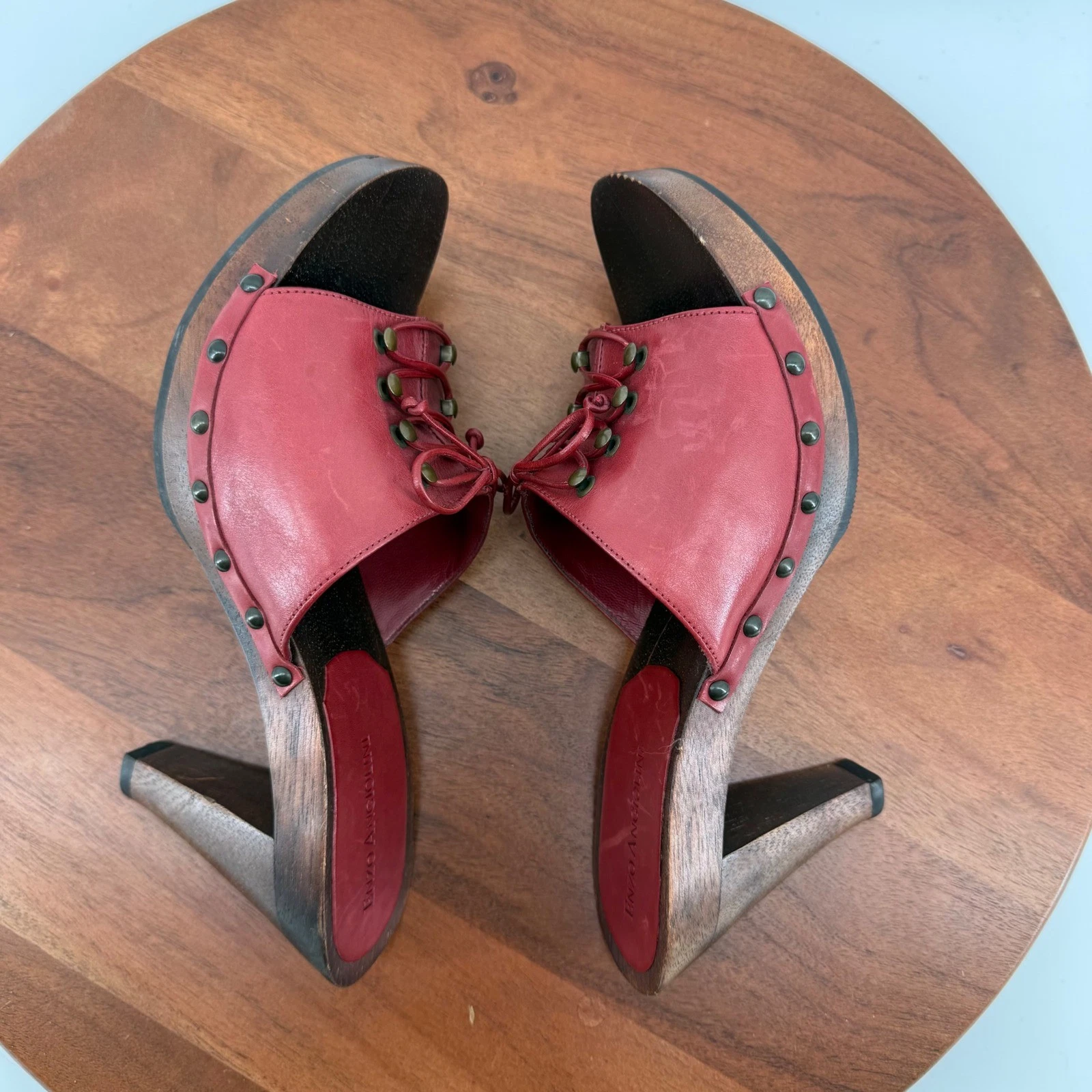 Enzo Angiolini 红色皮革复古木斗篷穆勒鞋镶嵌系带高跟鞋女式 8M-