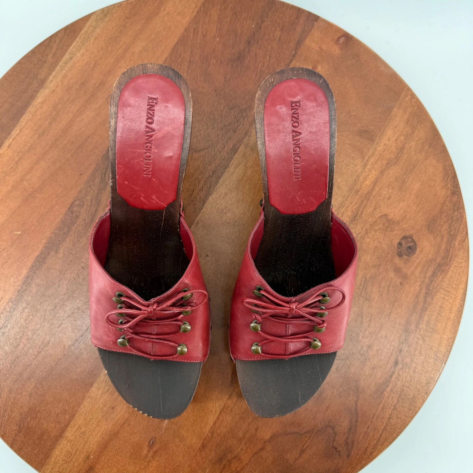 Enzo Angiolini 红色皮革复古木斗篷穆勒鞋镶嵌系带高跟鞋女式 8M-
