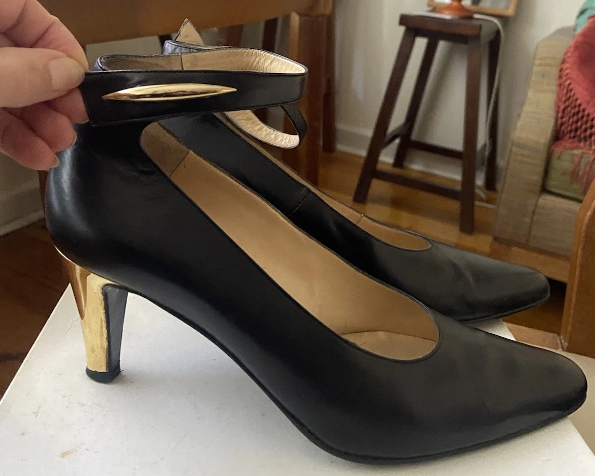 SERGIO ROSSI Vintage Black Ankle Strap Leather Heels 39