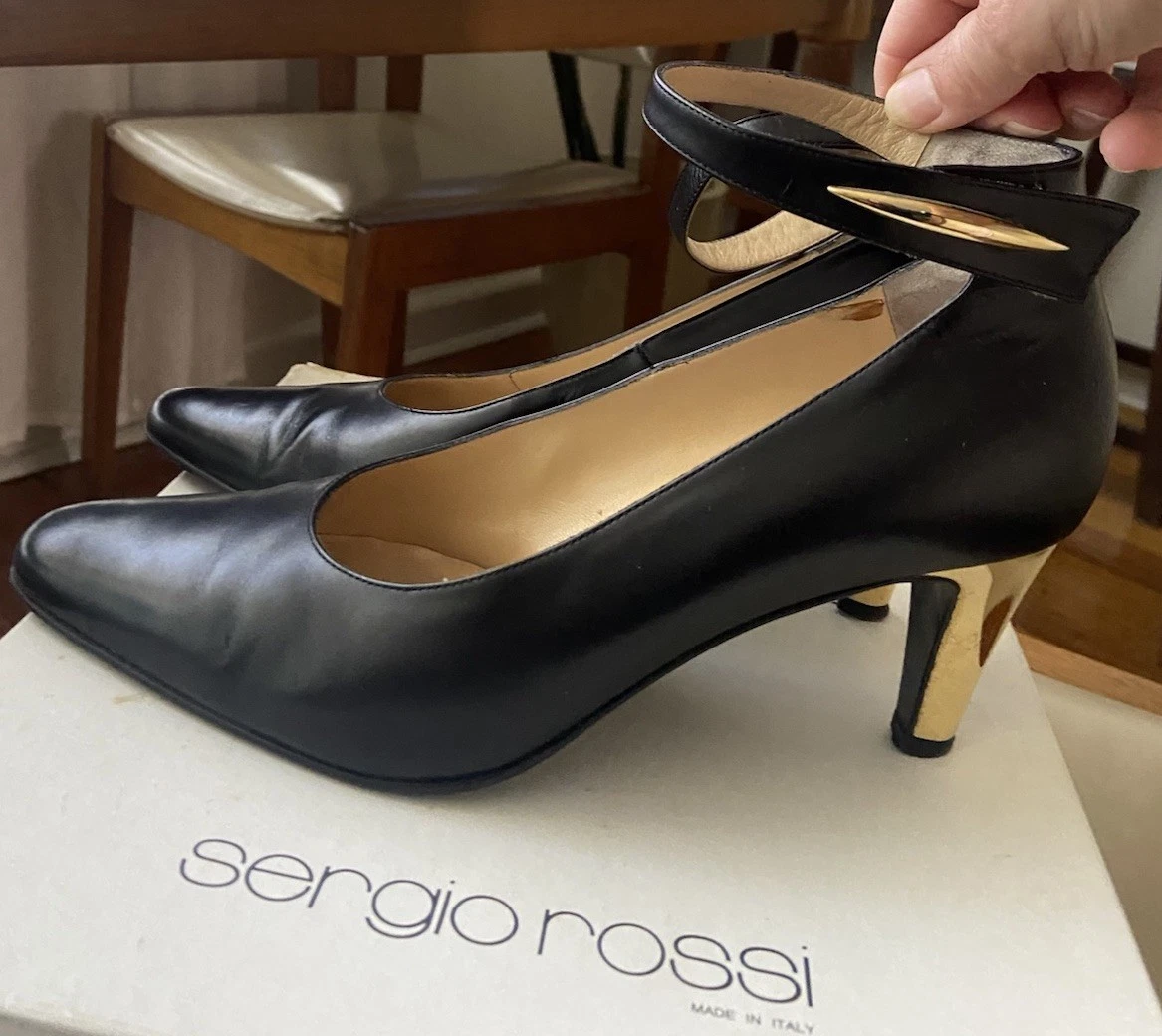 SERGIO ROSSI Vintage Black Ankle Strap Leather Heels 39