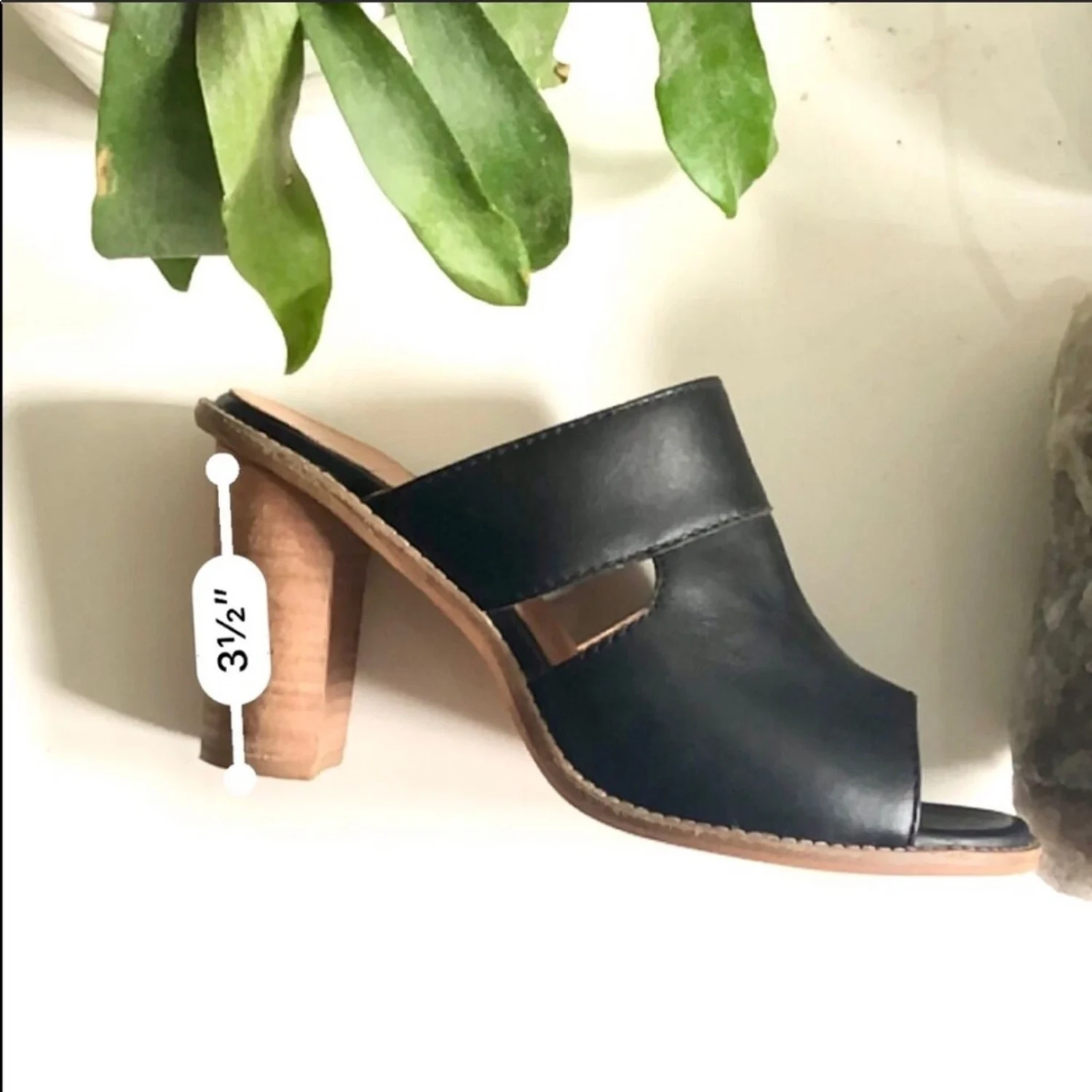 SEY 系列黑色棕褐色皮革骡子拖鞋露趾粗跟粗跟鞋 9-