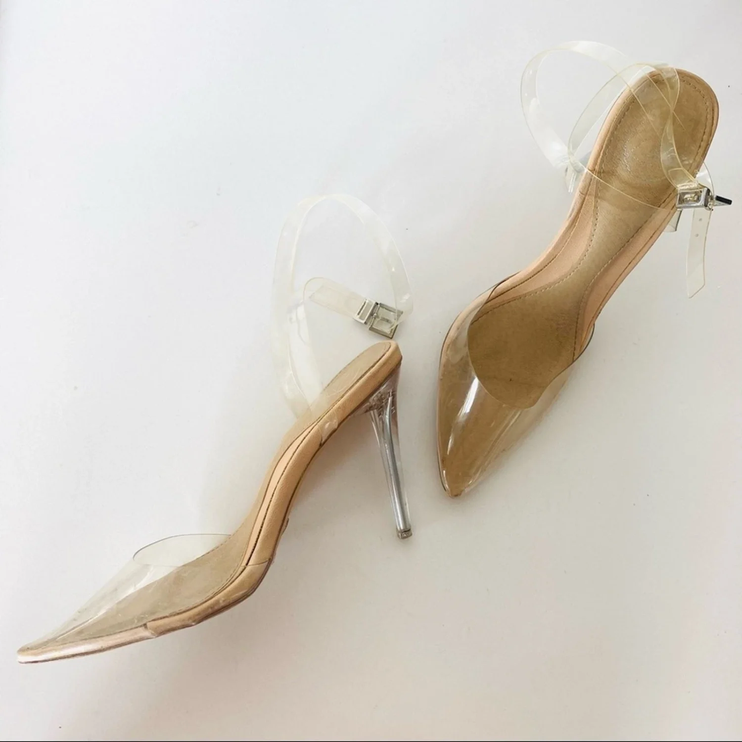 MISSGUIDED 裸色棕褐色透明踝带尖头 90 年代细高跟鞋高跟鞋 9 码-
