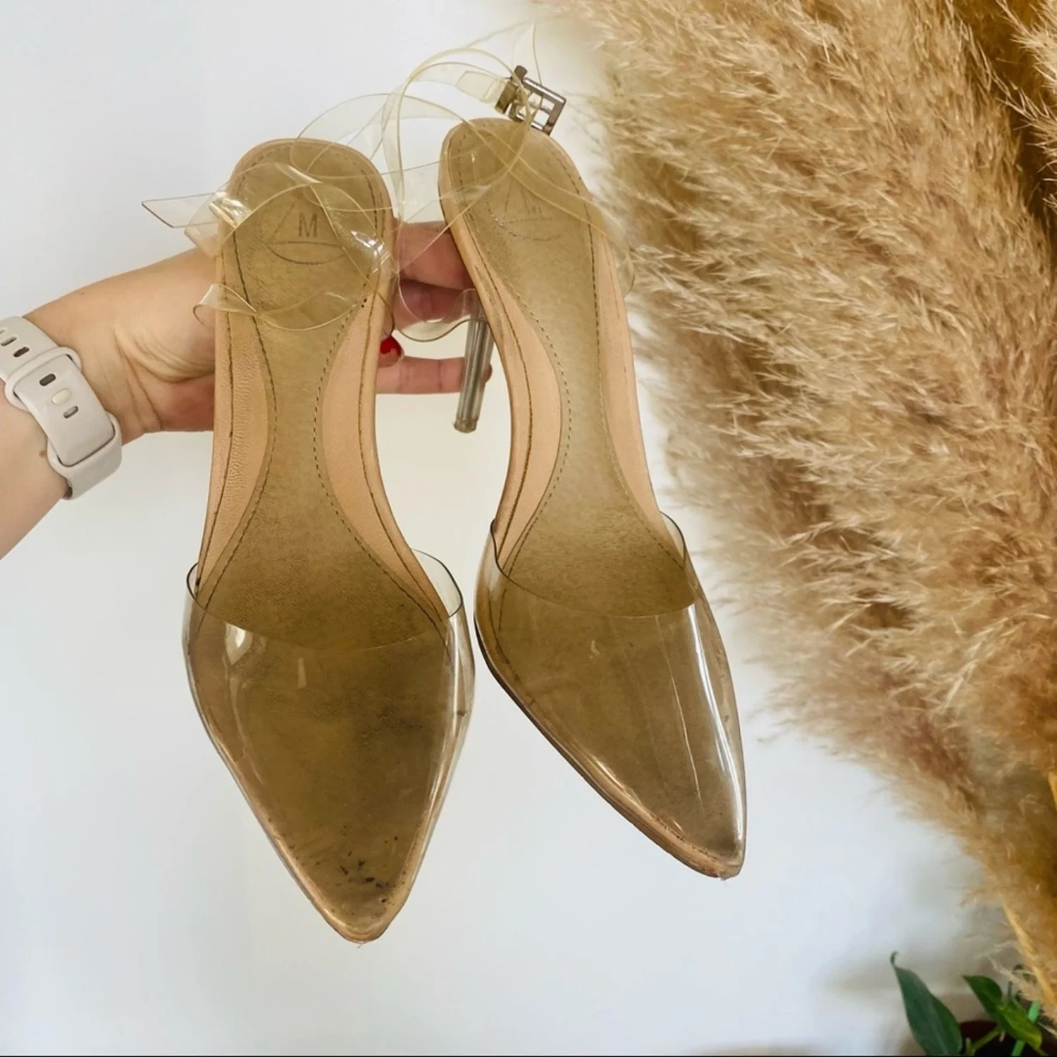 MISSGUIDED 裸色棕褐色透明踝带尖头 90 年代细高跟鞋高跟鞋 9 码-