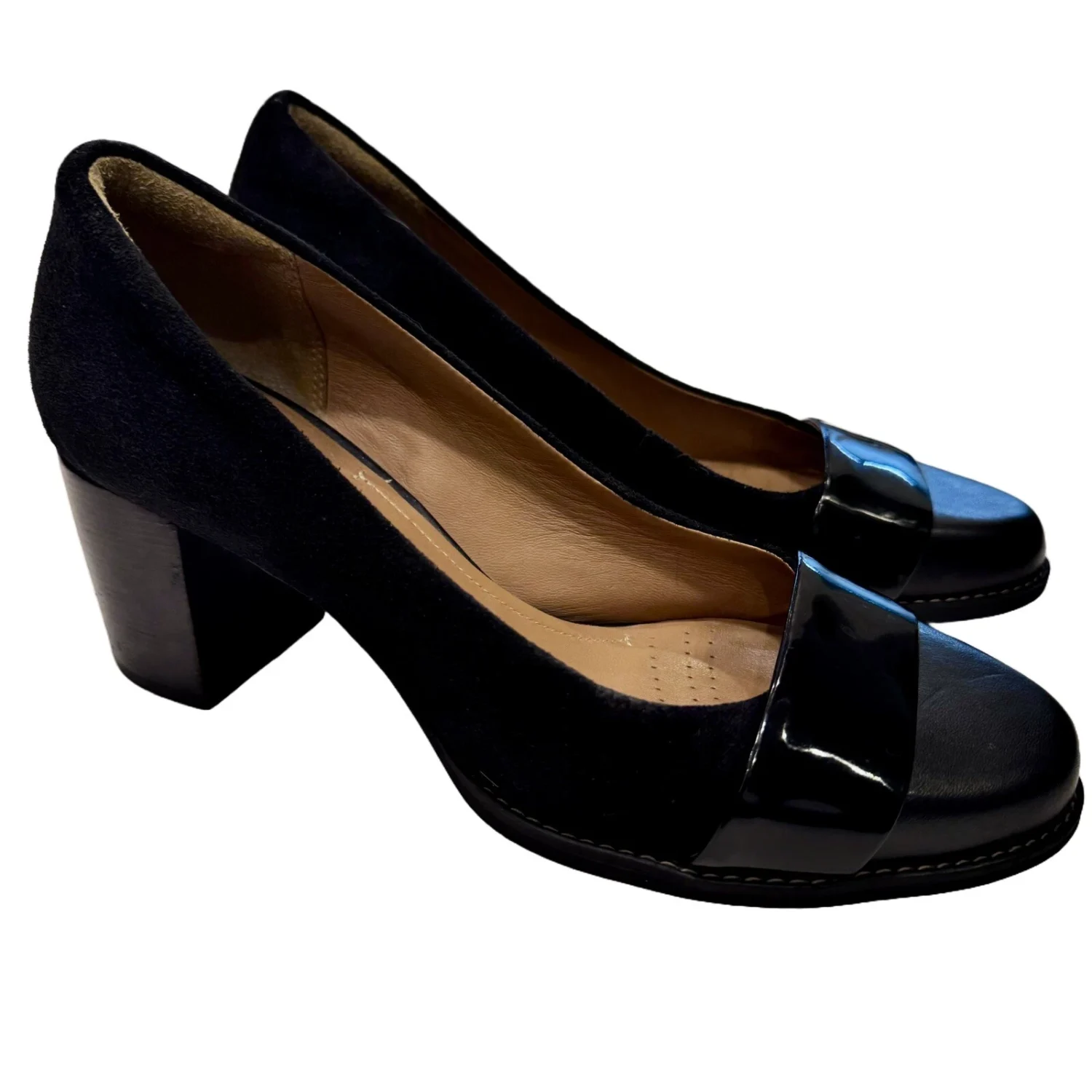 Clarks Artisan Tarah Brae 泵懒人鞋黑色麂皮绒漆皮女式 8.5 M-