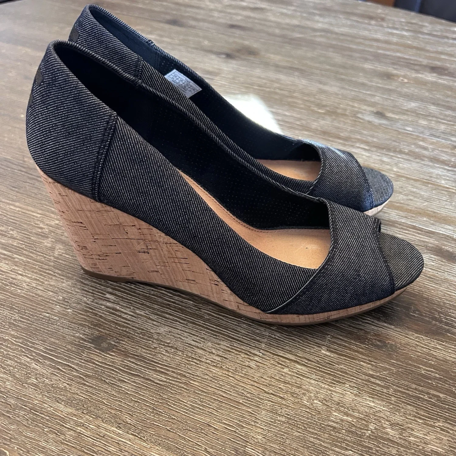 TOMS 蓝色牛仔露趾楔形高跟鞋面料一脚蹬女式鞋 10W 10 W 码-