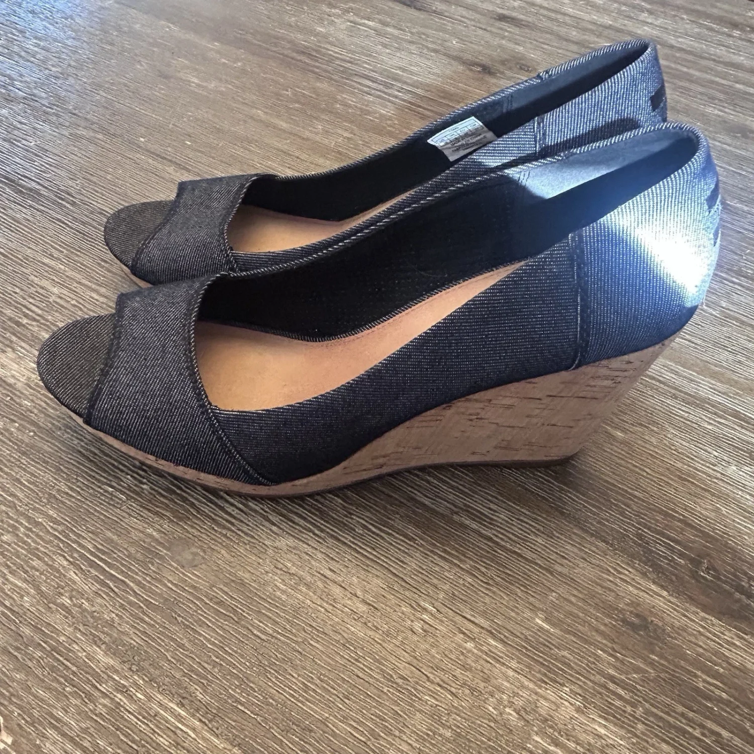 TOMS 蓝色牛仔露趾楔形高跟鞋面料一脚蹬女式鞋 10W 10 W 码-