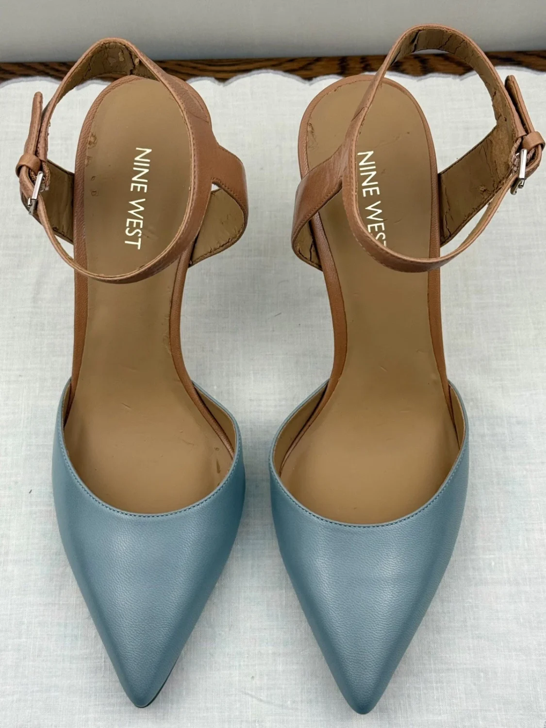 Nine West Women’s Pointed Toe Ankle Strap Heels Blue Tan Size 7.5