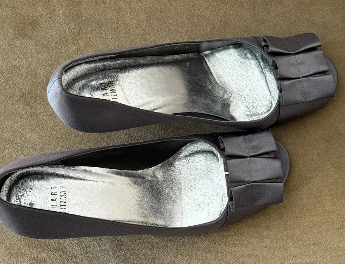 Stuart Weitzman Pewter 缎面高跟鞋带银色衬里 8 码-