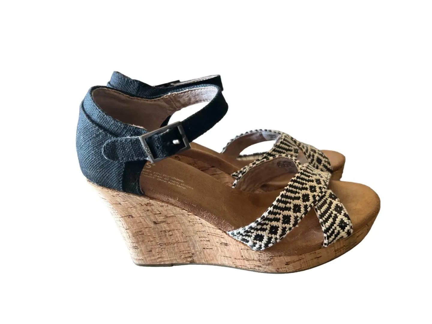 Toms 女式 Sienna 软木楔形踝带凉鞋黑色/象牙色露趾 7W 码-