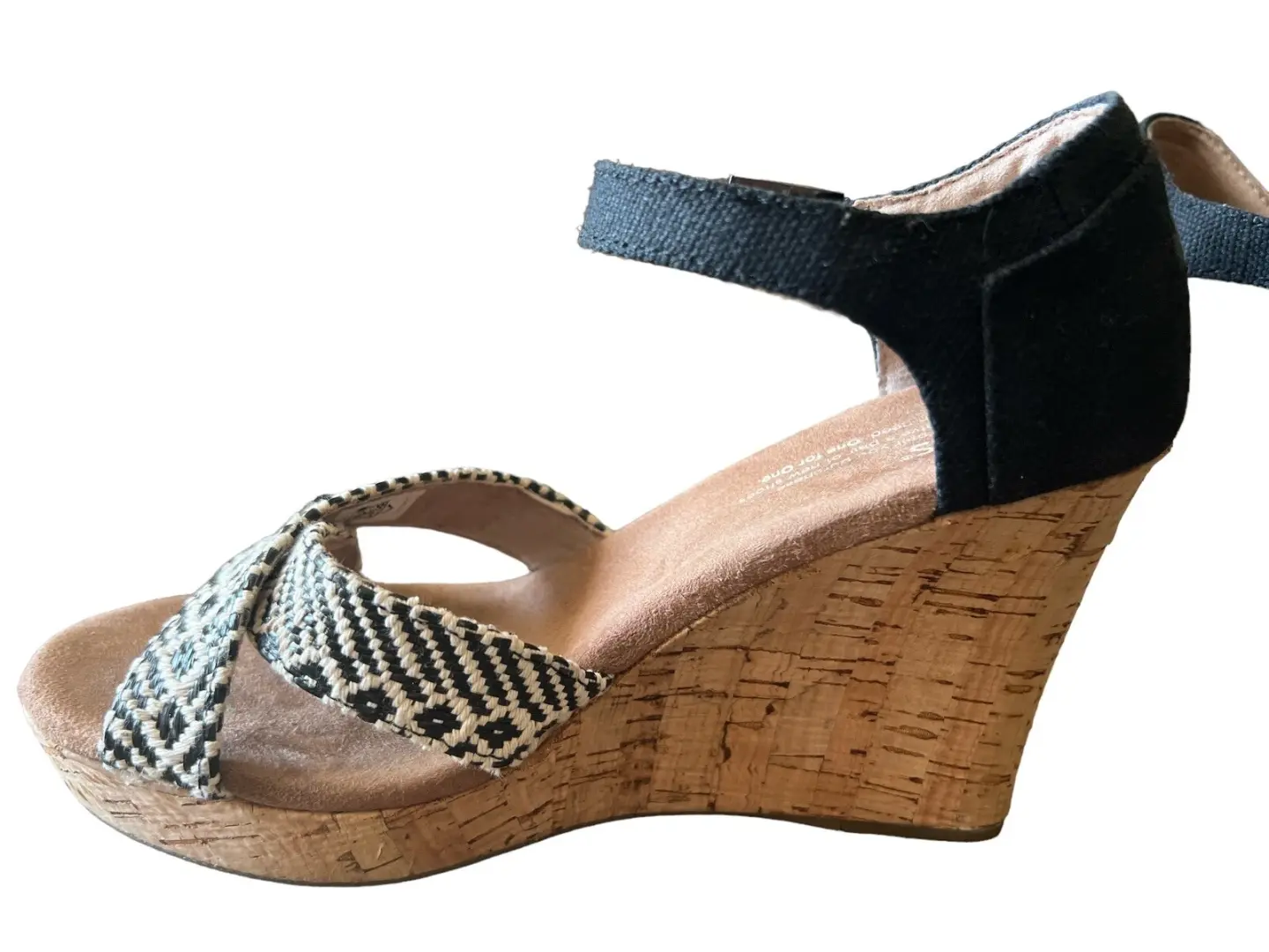 Toms 女式 Sienna 软木楔形踝带凉鞋黑色/象牙色露趾 7W 码-