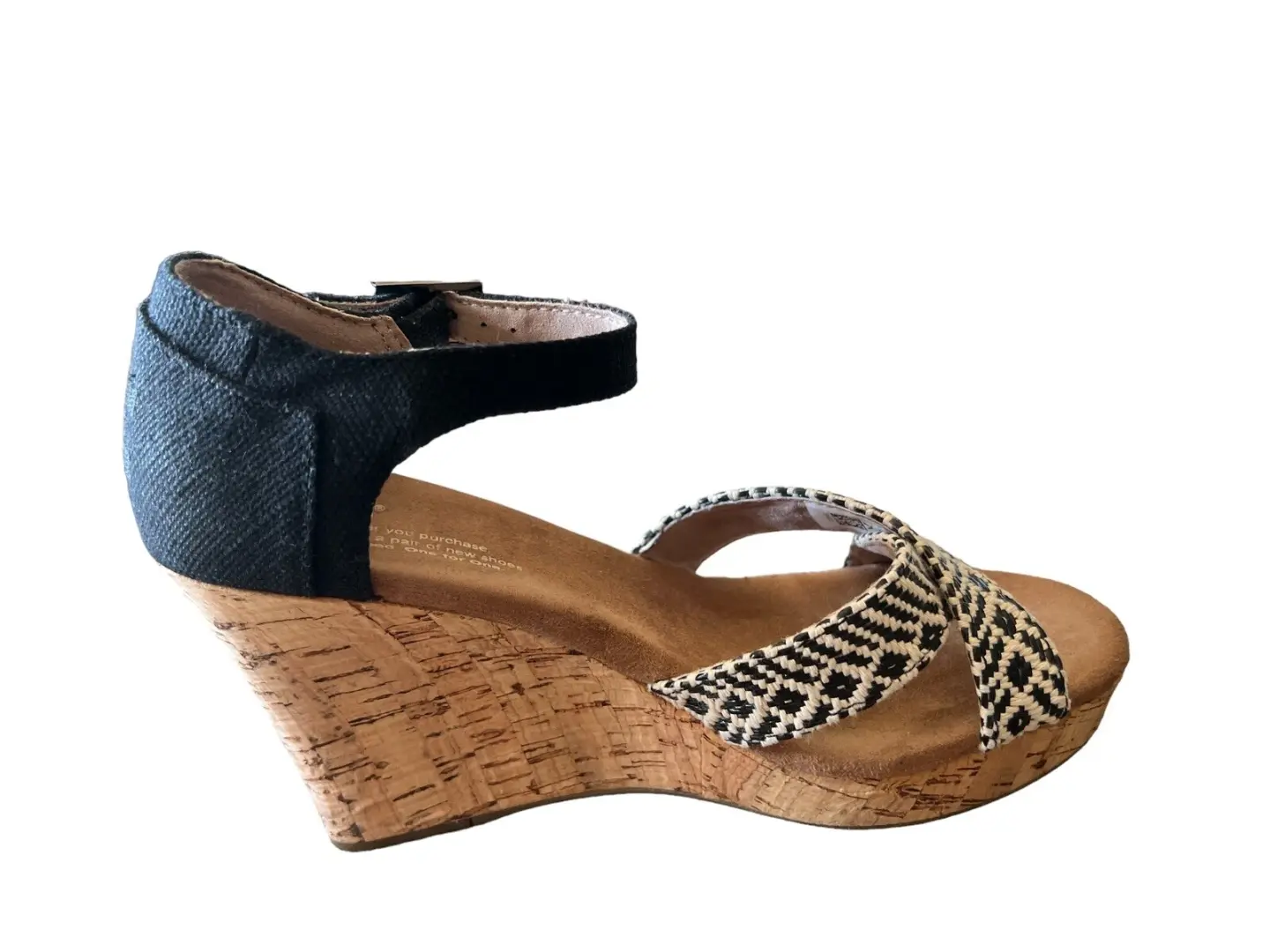 Toms 女式 Sienna 软木楔形踝带凉鞋黑色/象牙色露趾 7W 码-
