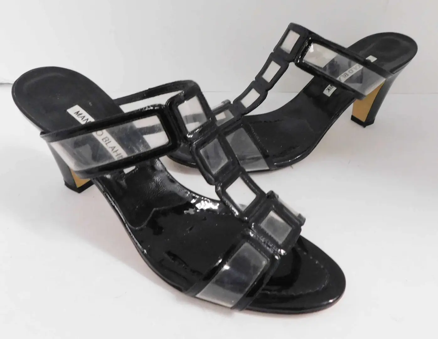 Manolo Blahnik 黑色漆皮透明 Lucite 窗玻璃高跟鞋凉鞋 尺寸 39-