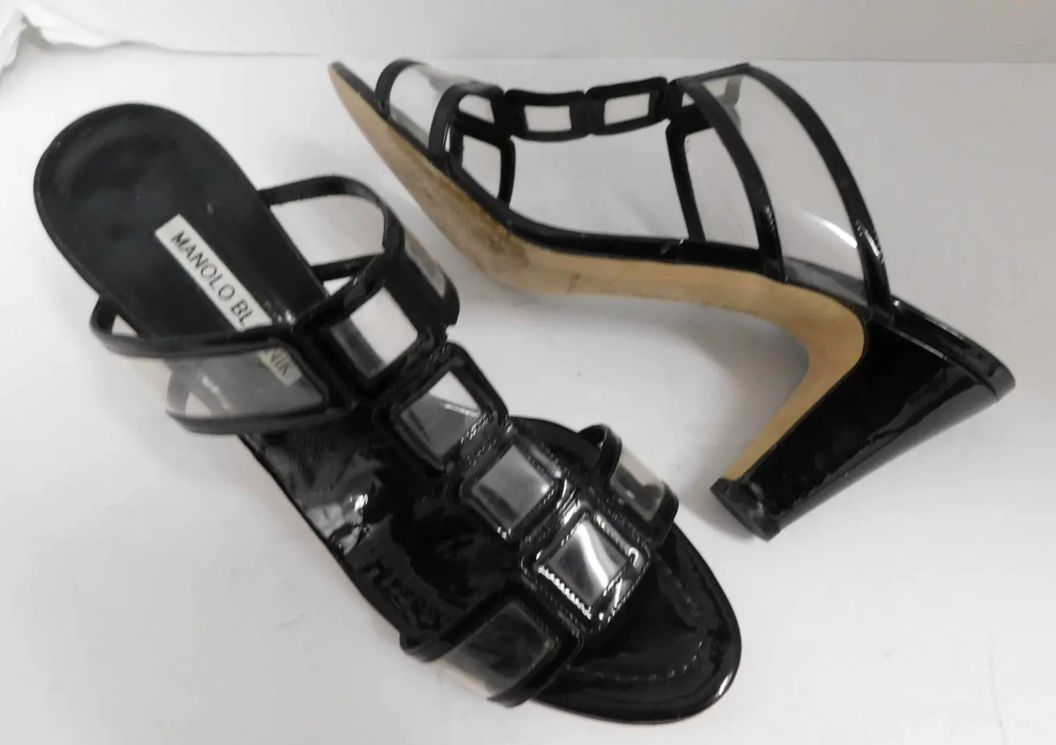 Manolo Blahnik 黑色漆皮透明 Lucite 窗玻璃高跟鞋凉鞋 尺寸 39-