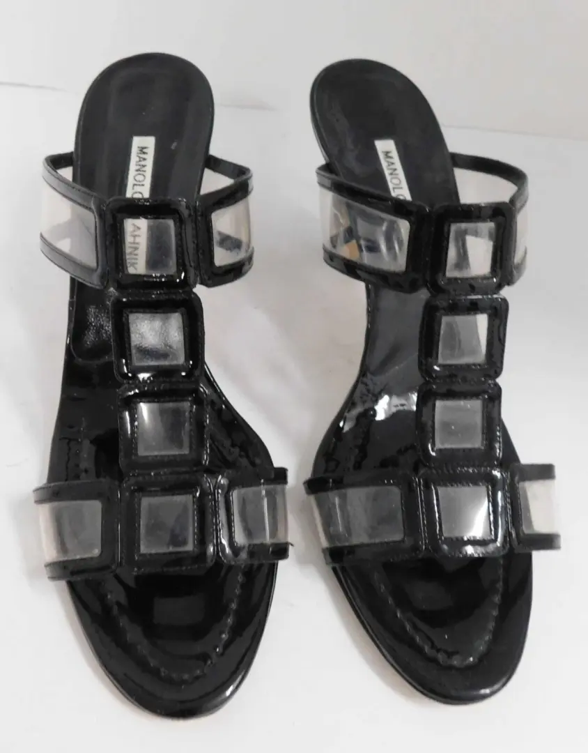 Manolo Blahnik 黑色漆皮透明 Lucite 窗玻璃高跟鞋凉鞋 尺寸 39-