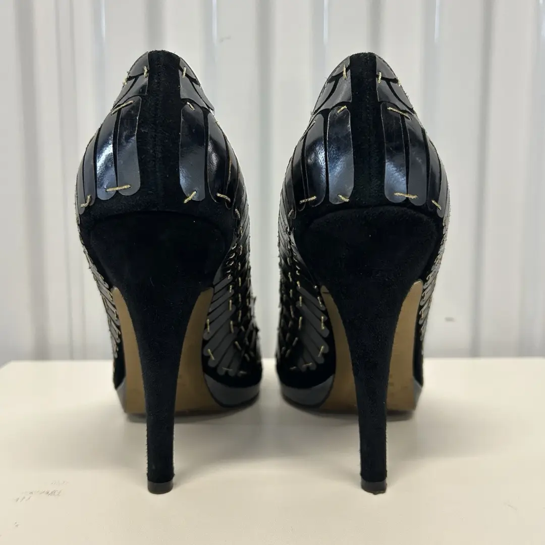 ROBERTO CAVALLI 鱼鳞金属银色黑色麂皮绒露趾高跟鞋 39.5 码-